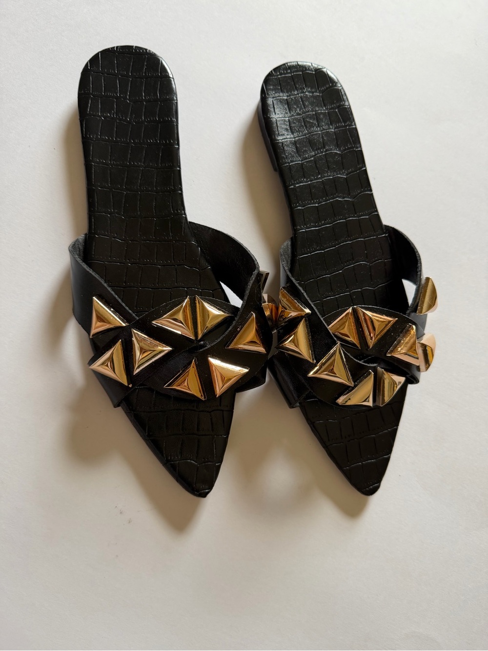 Black Pointed Slide Sandals with Gold Pyramid Studs